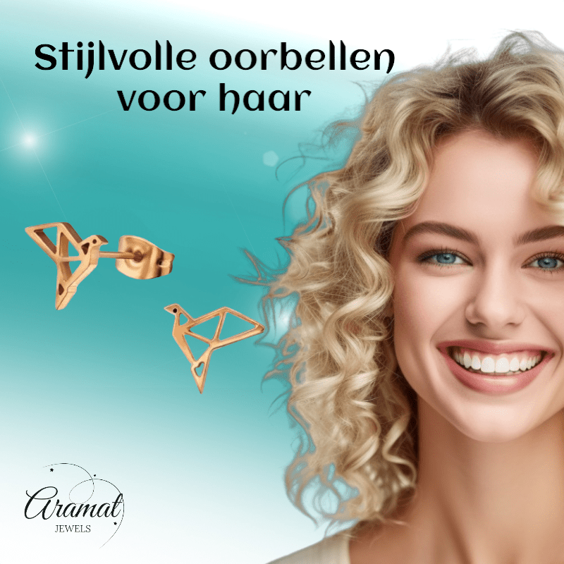 RVS Origami Vogel Oorbellen Roségoud 9mm - Gevouwen Vogeltjes - Aramat Jewels - Oorbellen - cadeautip
