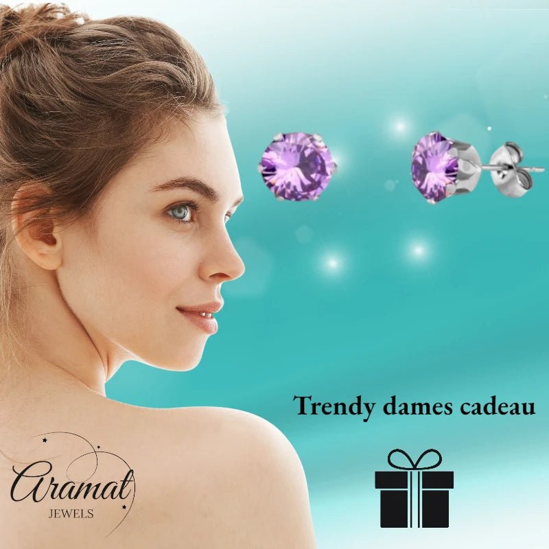 RVS Paarse Zirkonia Oorbellen - Aramat Jewels - Oorbellen - cadeautip