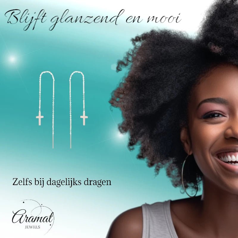 RVS Rosékleurige doortrek oorbellen met kruis - oor240 - Oorbellen kopen# - 8cm - alles - cadeau