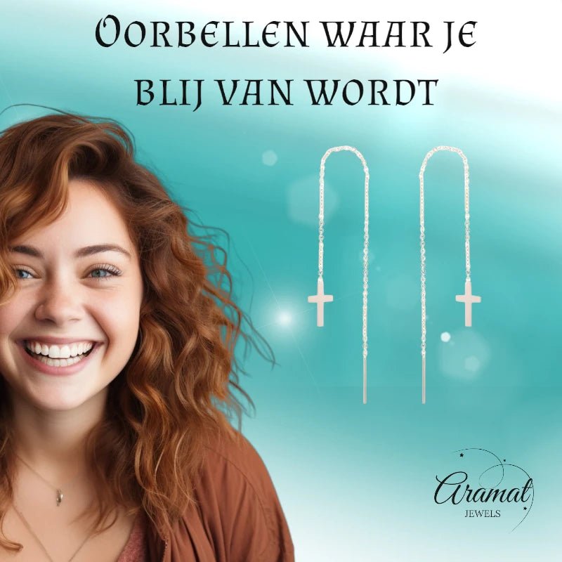 RVS Rosékleurige doortrek oorbellen met kruis - oor240 - Oorbellen kopen# - 8cm - alles - cadeau