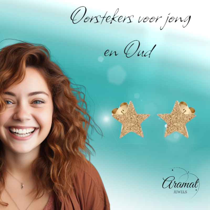Ster oorstekers goudkleur – sandblasted – 8mm