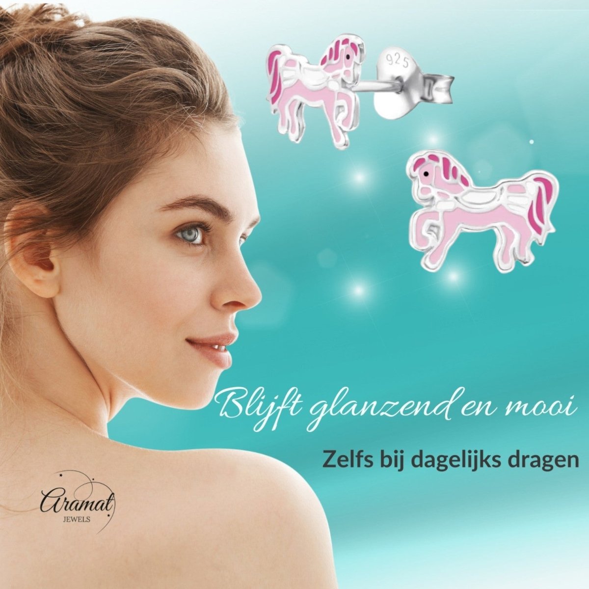 Schattige Zilveren Paarden Oorbellen – Roze Emaille – 9x7mm - Aramat Jewels - Oorbellen - cadeautip