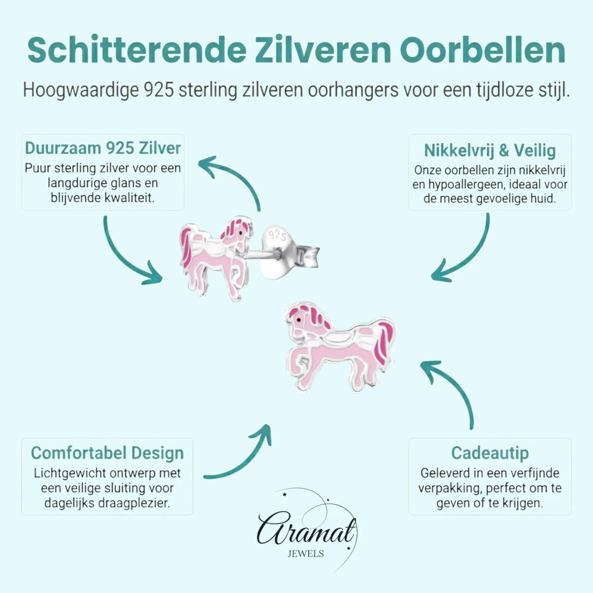 Schattige Zilveren Paarden Oorbellen – Roze Emaille – 9x7mm - Aramat Jewels - Oorbellen - cadeautip