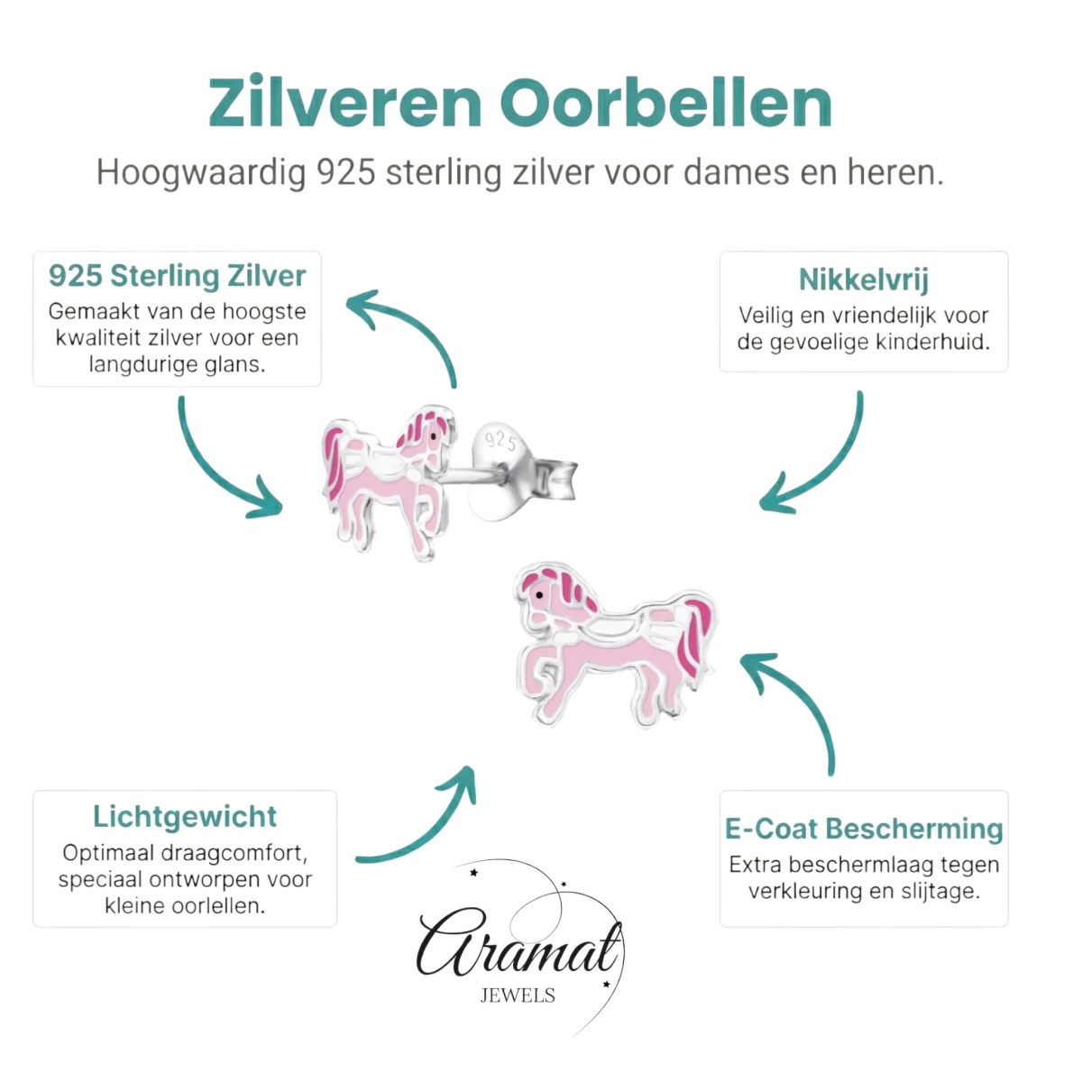 Schattige Zilveren Paarden Oorbellen – Roze Emaille – 9x7mm - Aramat Jewels - Oorbellen - cadeautip