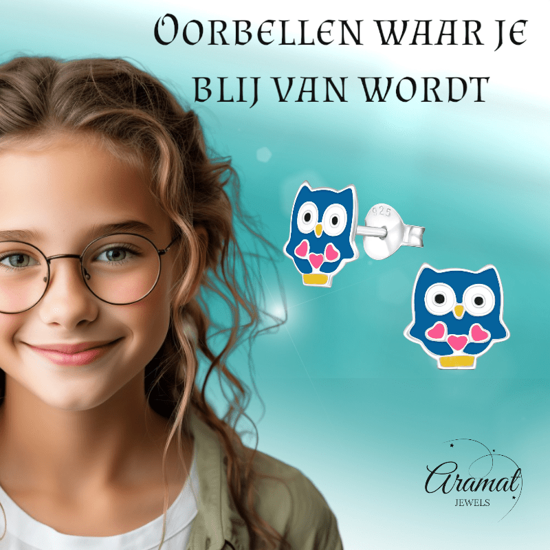 Schattige Zilveren Uiltjes Oorbellen - Blauw Emaille - Vrolijk - oor3501 - 17889 - Oorbellen kopen