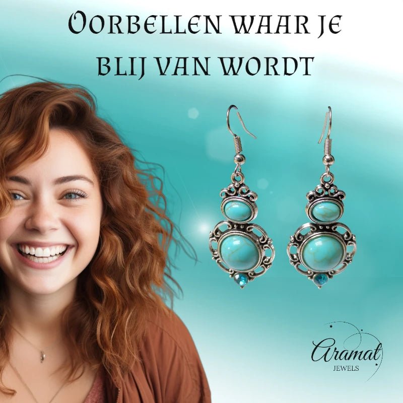 Sierlijke Oorhangers met Lichtblauwe Steen – 58x22mm - oor6052 - Oorhangers kopen# - 60mm - alles - bali