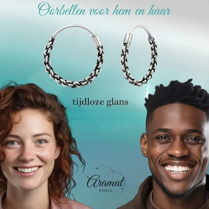 Zilveren gevlochten hoepel oorbellen.