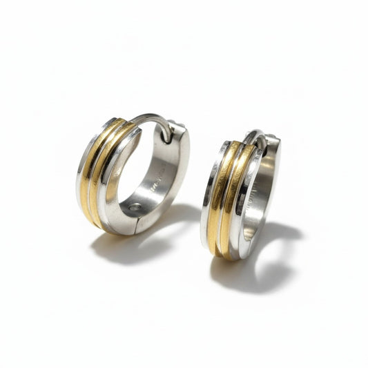 Narrow Bicolor Steel Earrings with Gold Stripes