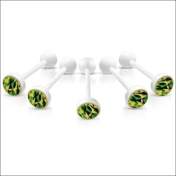 Vier Witte Oordopjes Met Groene Bladeren - Witte Tongpiercing Met Prachtige Logo
