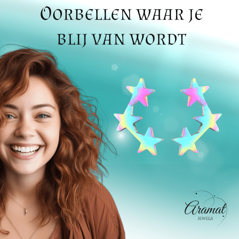 Stainless Steel Multicolor Sterren Oorbellen - Vrolijk & Uniek - oor4233 - Oorbellen kopen