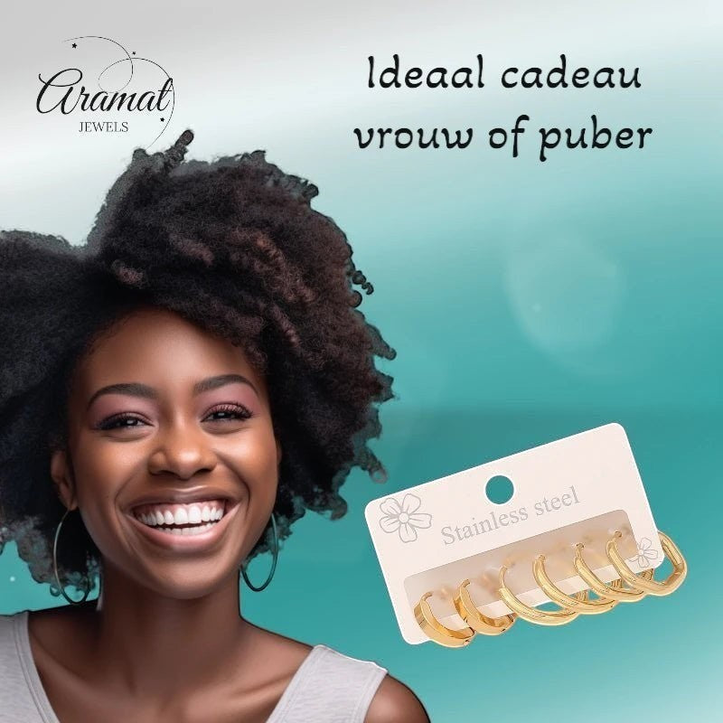 Stainless steel oorringenset – goudkleurig – 2x rond + 1x zeshoekig – 3 paar - set21 - 539677 - Oorringen kopen# - alles - cadeau - dames