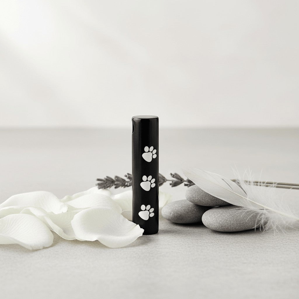 Stalen Ashanger Buis Zwart met Witte Pootafdrukken 3,4cm - Aramat Jewels - Gedenkhangers - cadeautip