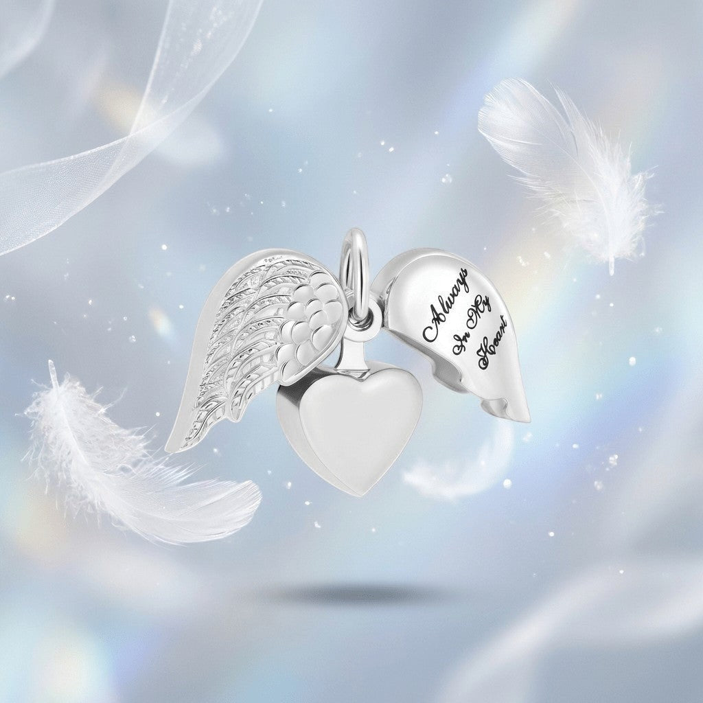 Stalen Ashanger Hart met Beweegbare Engelenvleugel 25x20mm - Aramat Jewels - Gedenkhangers - cadeautip