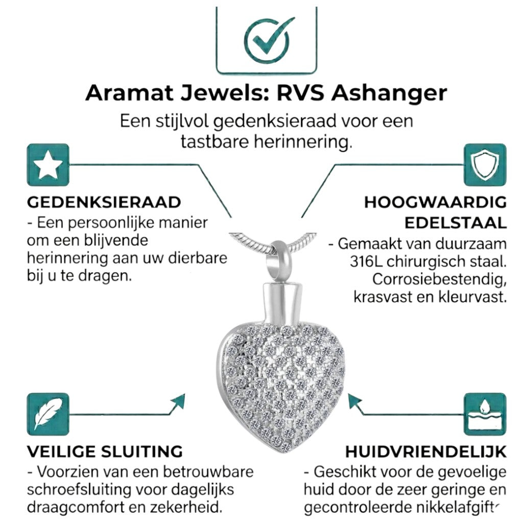 Stalen Ashanger Hart met Zirkonia Steentjes - hang270 - 8553 - Gedenkhangers kopen# - 33mm - alles - ashangers