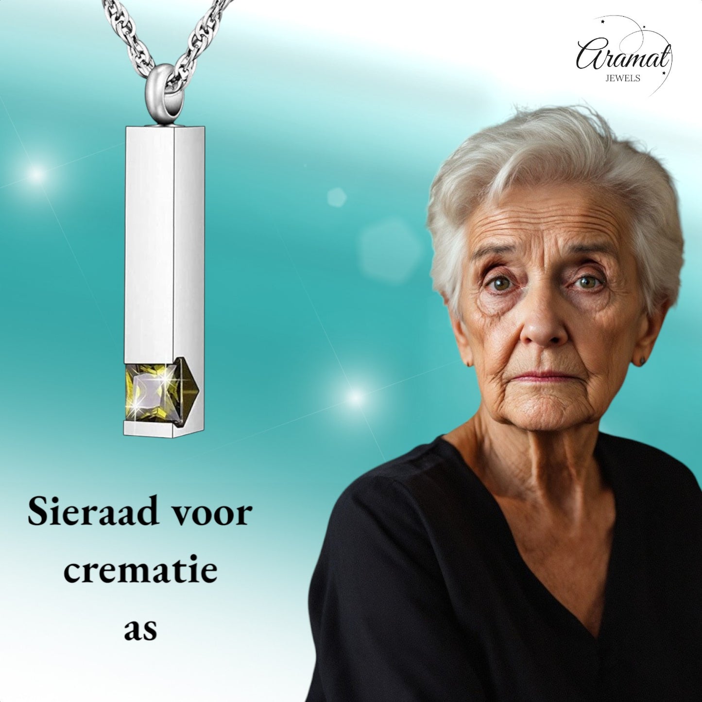 Een hanger met een vierkant geslepen steen aan een ketting