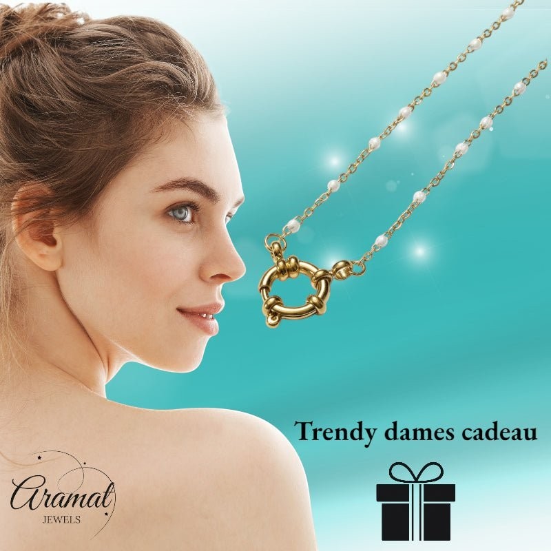 Stalen Damesketting met Wit Emaille bolletjes - Aramat Jewels - Bedelketting - cadeautip