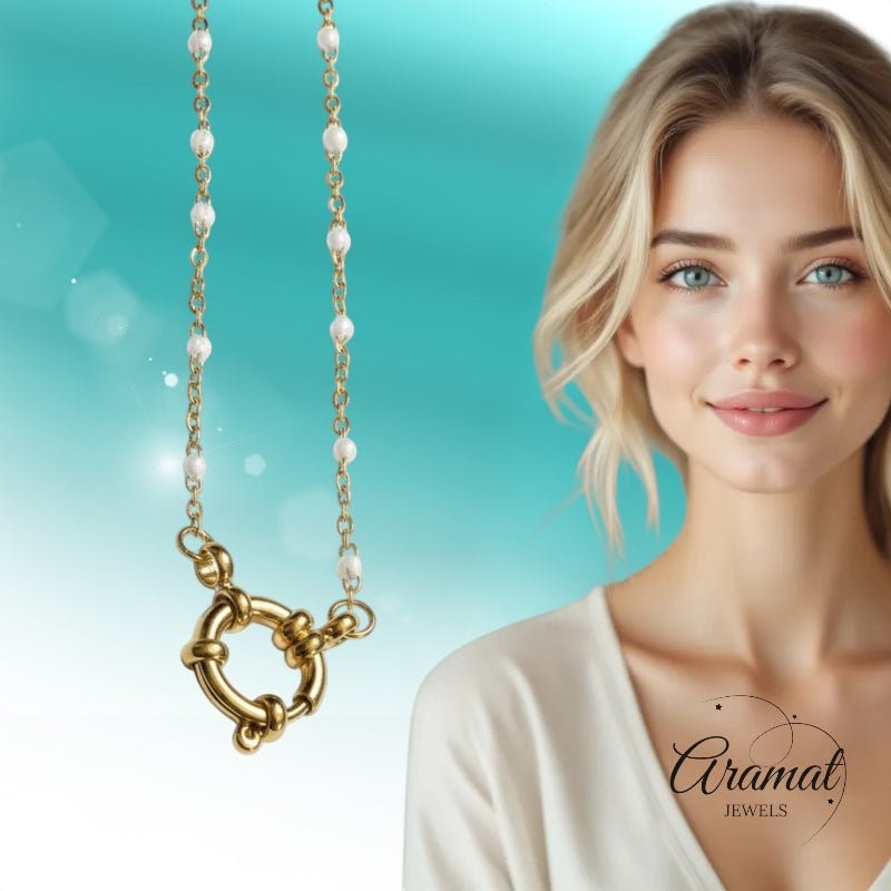 Stalen Damesketting met Wit Emaille bolletjes - Aramat Jewels - Bedelketting - cadeautip