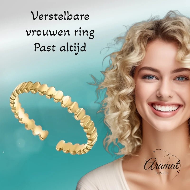 Stalen Damesring - Blokjesmotief - Verstelbaar - 3,5mm - RVS - ring365 - 104799 - Ringen kopen# - Goudkleur - alles - boho