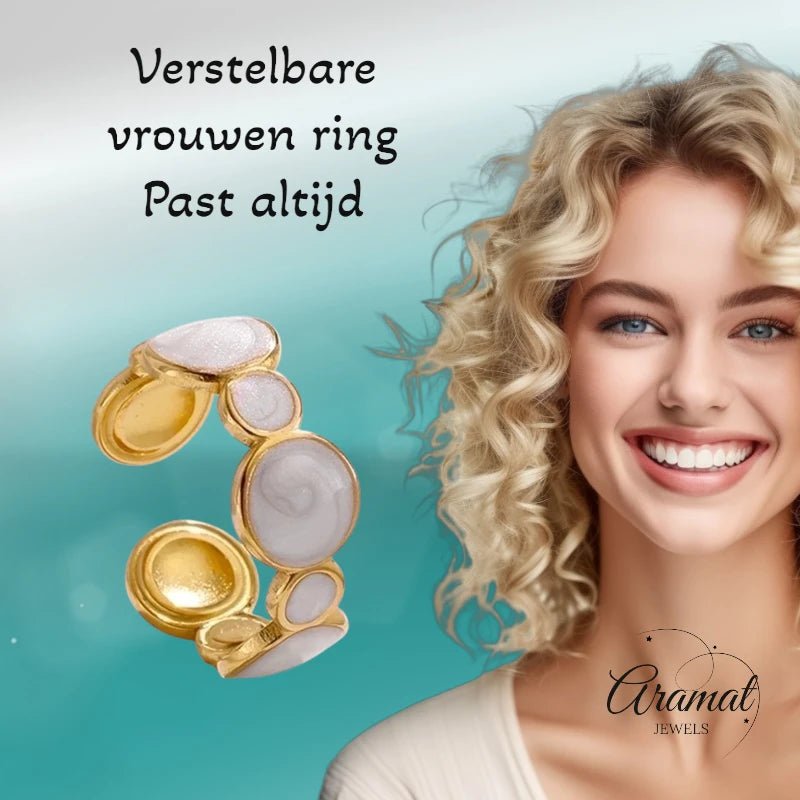 Stalen Damesring - Cirkelmotief - Parelmoer Emaille - 8mm - RVS - ring368 - 73921 - Ringen kopen# - Goudkleur - alles - boho