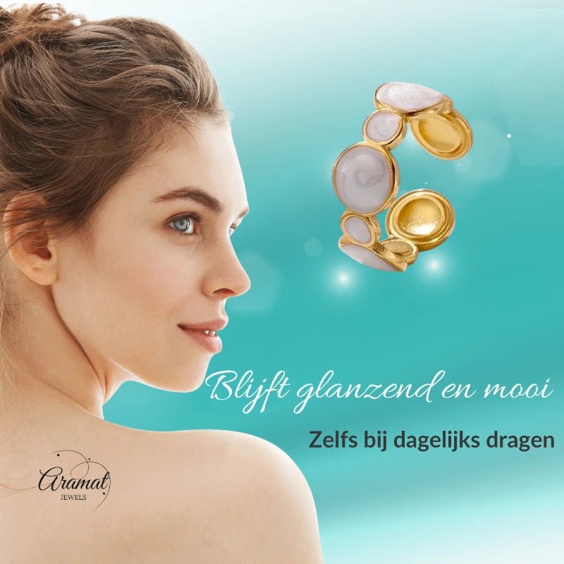 Stalen Damesring - Cirkelmotief - Parelmoer Emaille - 8mm - RVS - ring368 - 73921 - Ringen kopen# - Goudkleur - alles - boho