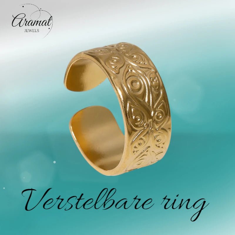 Stalen Damesring met Motief - Verstelbaar - 8mm - RVS - ring358 - 161692 - Ringen kopen# - Goudkleur - alles - boho