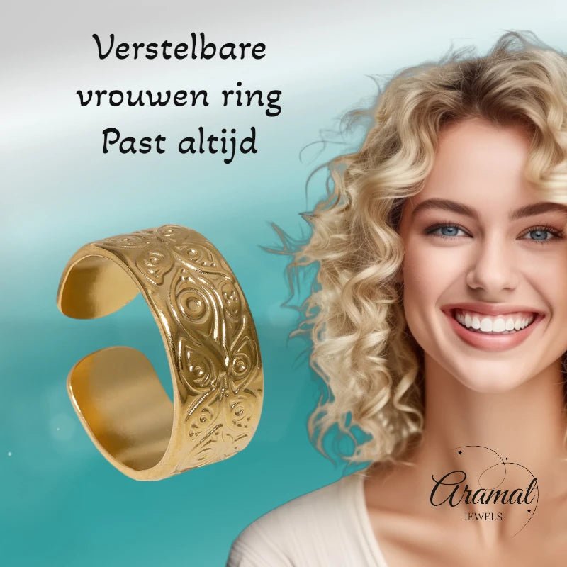 Stalen Damesring met Motief - Verstelbaar - 8mm - RVS - ring358 - 161692 - Ringen kopen# - Goudkleur - alles - boho