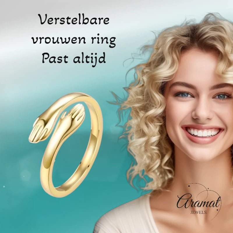 Stalen Damesring - Open Ring met Handen - 10mm - ring376 - 2989 - Ringen kopen# - Goudkleur - alles - boho