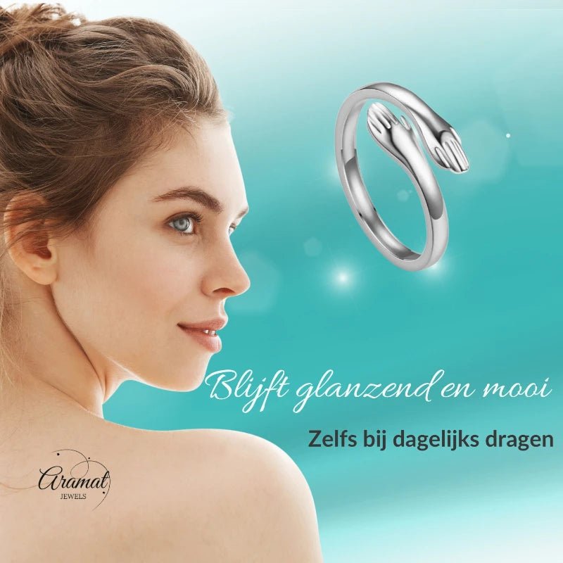 Stalen Damesring - Open Ring met Handen - 10mm - ring376 - 2989 - Ringen kopen# - Goudkleur - alles - boho