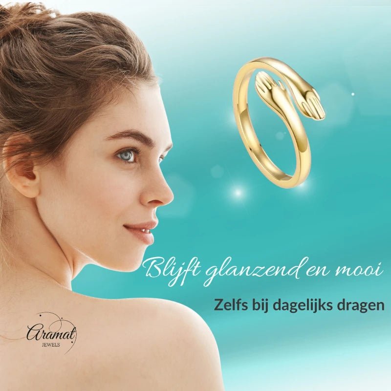 Stalen Damesring - Open Ring met Handen - 10mm - ring376 - 2989 - Ringen kopen# - Goudkleur - alles - boho