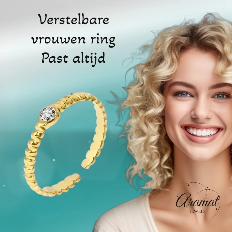 Stalen Damesring - Steentje & Streepjesmotief - Verstelbaar - 4mm - RVS - ring362 - 104806 - Ringen kopen# - Goudkleur - alles - boho