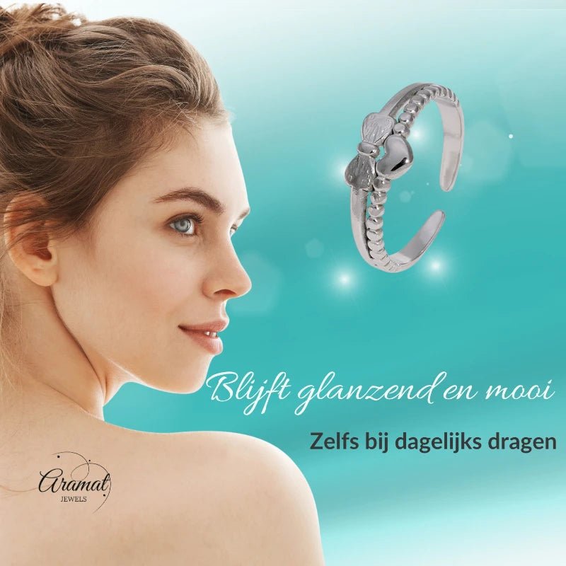 Stalen Damesring - Strikje & Hartje - 7mm - ring377 - Ringen kopen# - Goudkleur - alles - boho