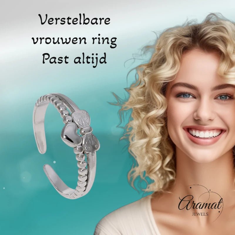 Stalen Damesring - Strikje & Hartje - 7mm - ring377 - Ringen kopen# - Goudkleur - alles - boho