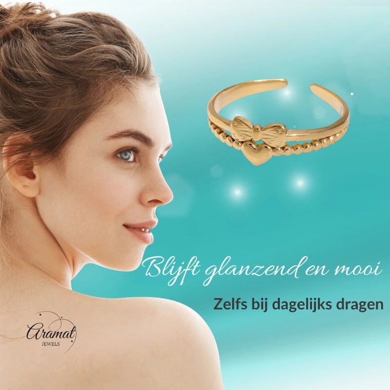 Stalen Damesring - Strikje & Hartje - 7mm - ring377 - Ringen kopen# - Goudkleur - alles - boho