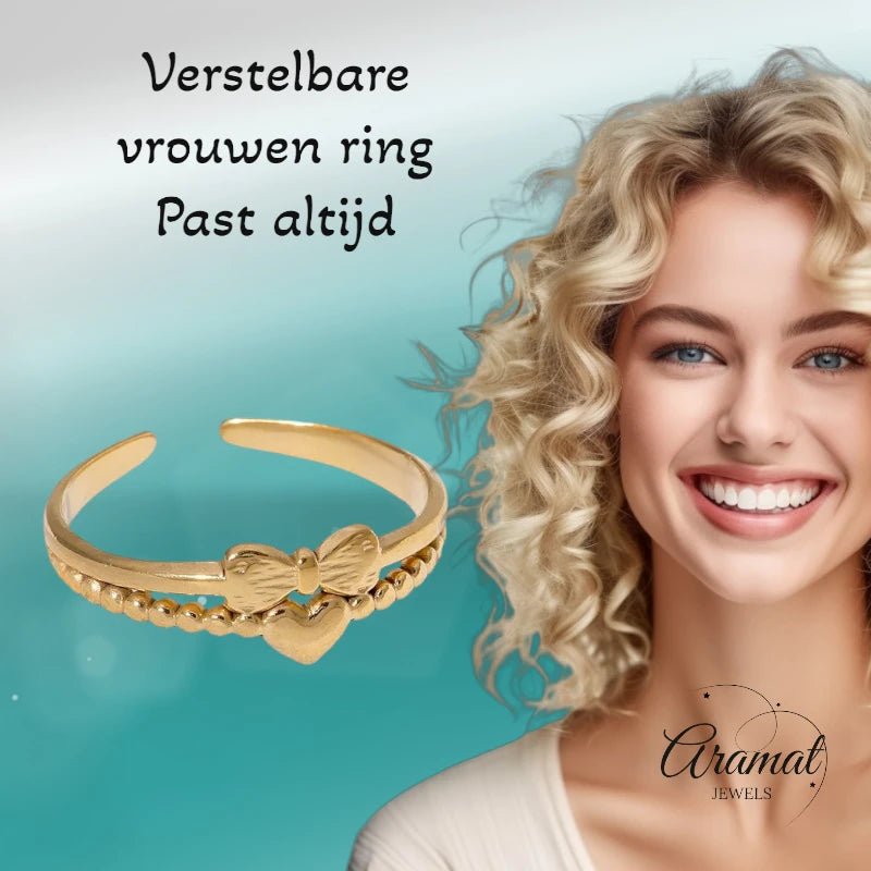 Stalen Damesring - Strikje & Hartje - 7mm - ring377 - Ringen kopen# - Goudkleur - alles - boho