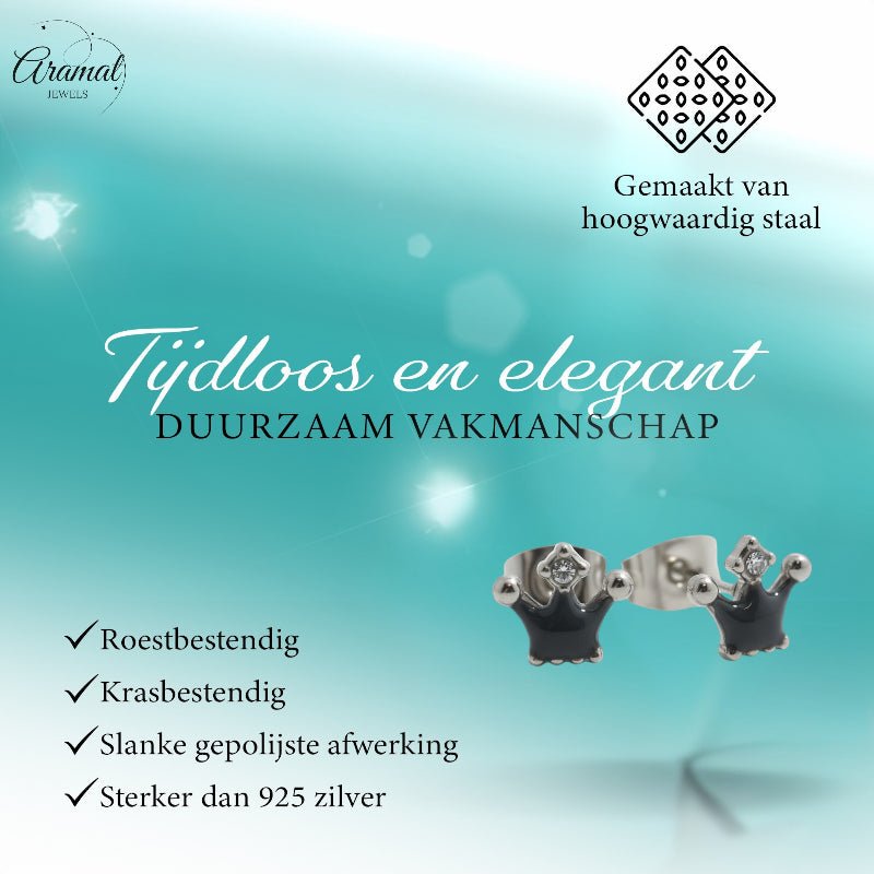 Stalen Emaille oorbellen kroontje met steentje - Aramat Jewels - Oorbellen - cadeautip