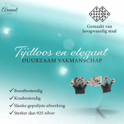 Stalen Emaille oorbellen kroontje met steentje - Aramat Jewels - Oorbellen - cadeautip