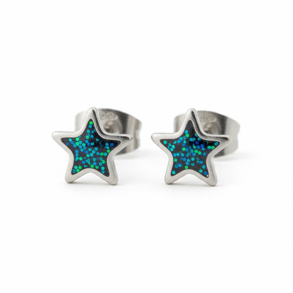 Stalen Emaille oorbellen ster met glitters - Aramat Jewels - Oorbellen - cadeautip