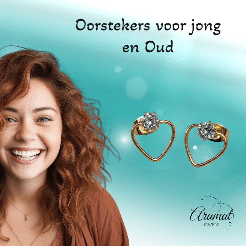 Stalen Hart Oorbellen Goudkleur 10mm Zirkonia Open - Aramat Jewels - Oorbellen - cadeautip