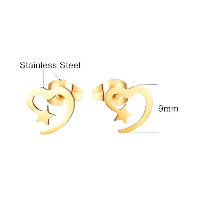 Stalen Hartjes Oorbellen 9mm - Goldplated - Open Hart met Ster - oor262 - SSE686 - Oorbellen kopen# - 9mm - alles