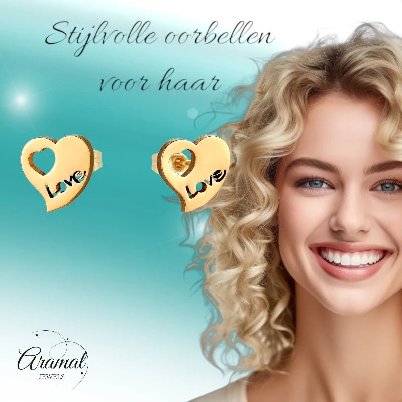 Stalen Hartjes Oorbellen 9x8mm - Goudkleur - Love Design - oor3129 - Oorbellen kopen# - 10mm - alles