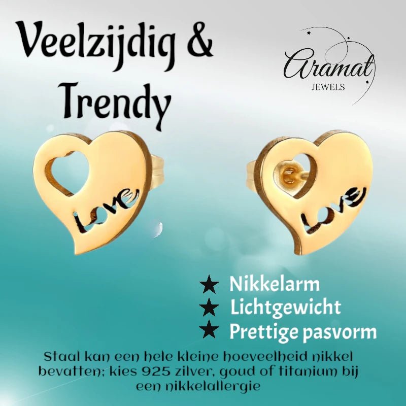 Stalen Hartjes Oorbellen 9x8mm - Goudkleur - Love Design - oor3129 - Oorbellen kopen# - 10mm - alles