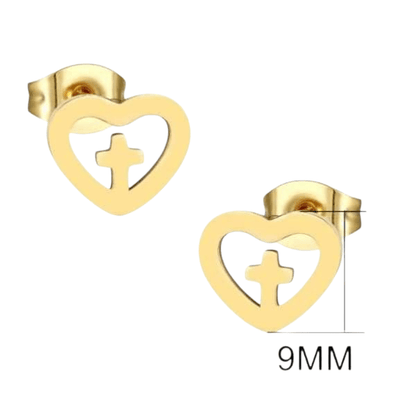 Stalen Hartjes Oorbellen met kruisje – Goudkleur – 9mm - Aramat Jewels - Oorbellen - cadeautip