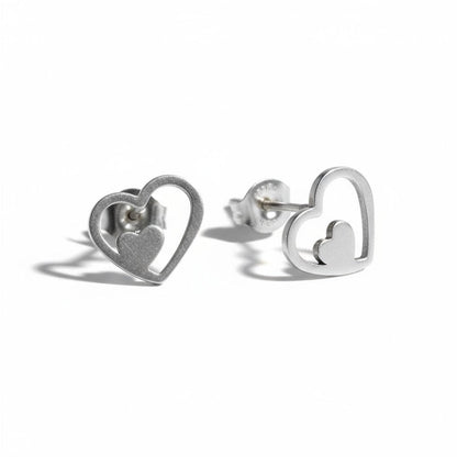 Stalen hartjes oorbellen zilverkleur 9mm RVS, open hartje met klein hartje, hypoallergeenoorstekers voor dames en kinderen