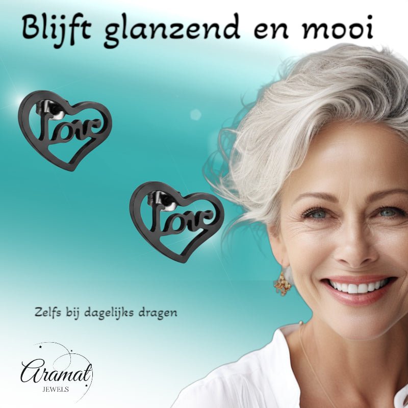 Stalen Hartjes Oorbellen Zwart 9mm Love RVS - Aramat Jewels - Oorbellen - cadeautip