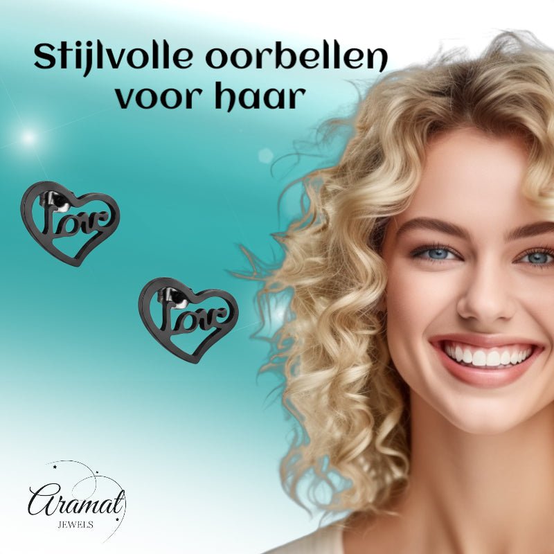 Stalen Hartjes Oorbellen Zwart 9mm Love RVS - Aramat Jewels - Oorbellen - cadeautip
