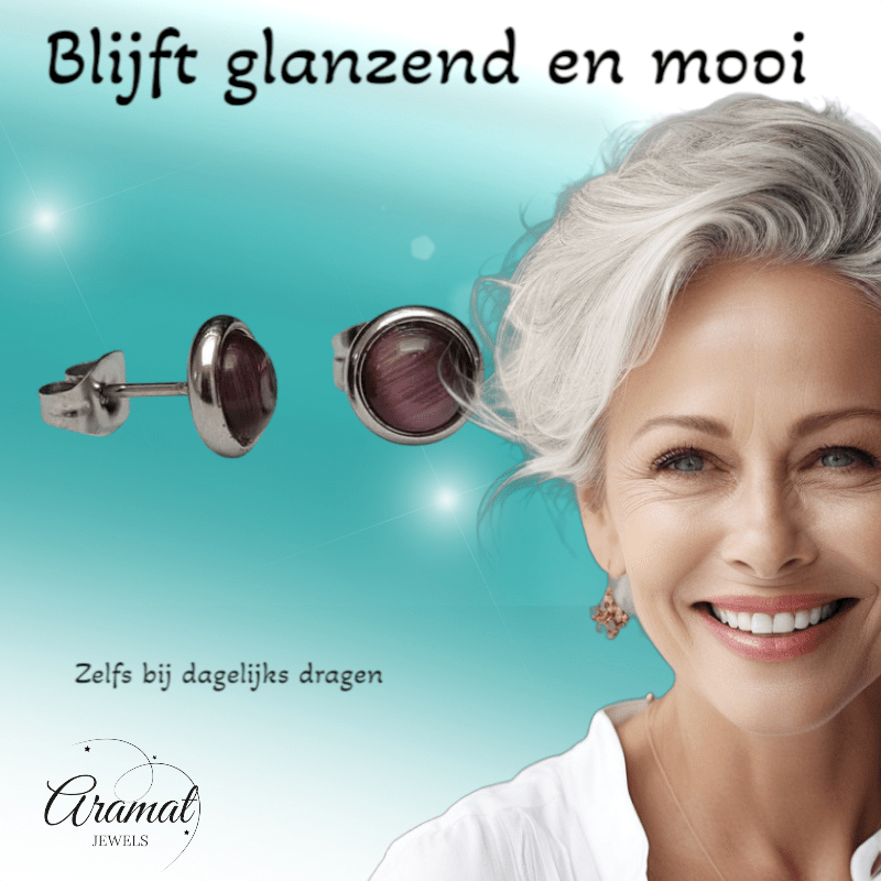 Stalen Kattenoog Oorbellen 8mm – Paars - Aramat Jewels - Oorbellen - cadeautip
