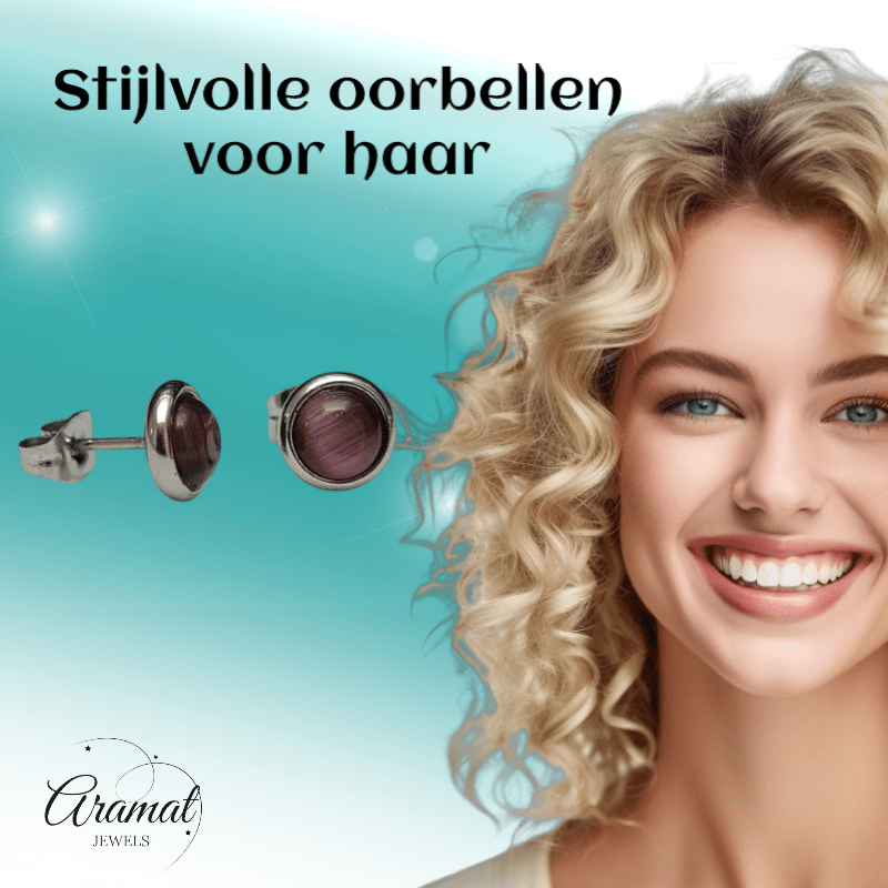 Stalen Kattenoog Oorbellen 8mm – Paars - Aramat Jewels - Oorbellen - cadeautip