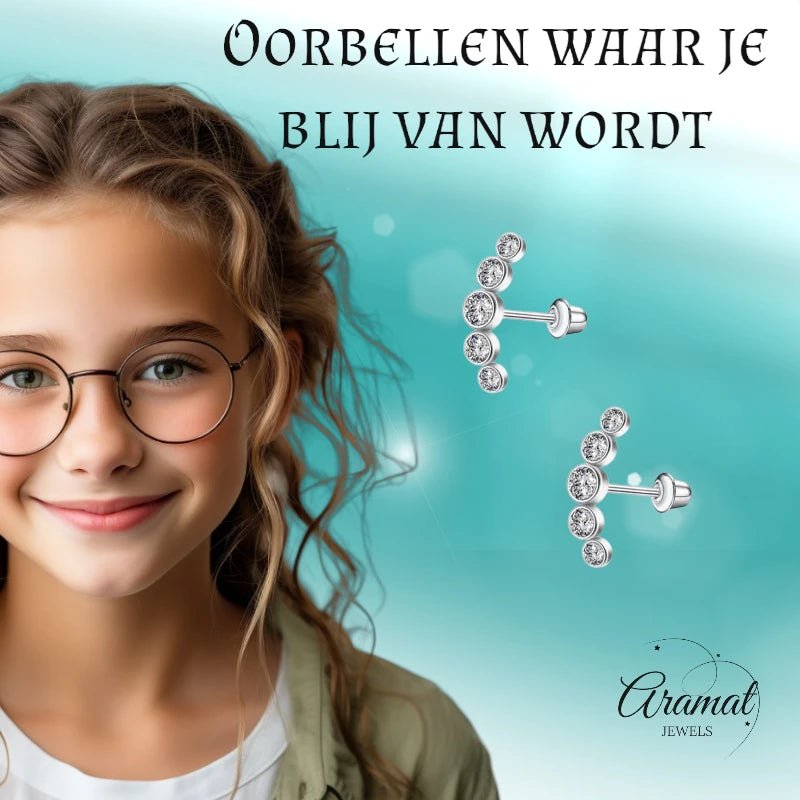 Stalen Kinder Oorbellen Bar - 5 Zirkonia Steentjes - Schroefsluiting - 14x5mm - oor6265 - 72431 - Oorbellen kopen# - 14mm - alles