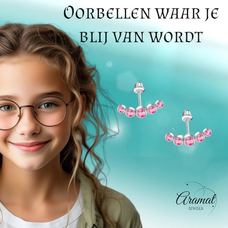 Stalen Kinder Oorbellen - Bar met 5 Roze Zirkonia Steentjes - Schroefsluiting - 14x5mm - oor6266 - 72433 - Oorbellen kopen# - 14mm - alles