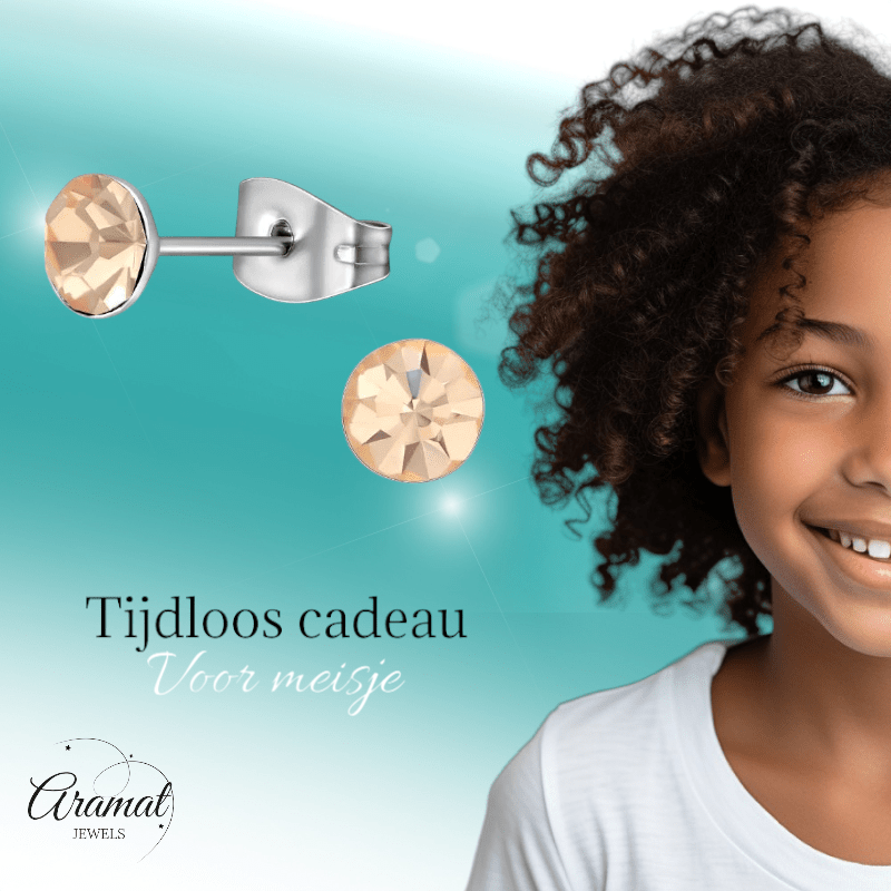Stalen Kristal Oorbellen met champagnekleurig steentje – Zilverkleur – 5mm - Aramat Jewels - Oorbellen - cadeautip